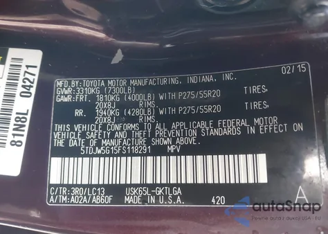 2015 Toyota Sequoia Limited 5.7L V8 из США, поврежденный, VIN 5TDJW5G15FS118291